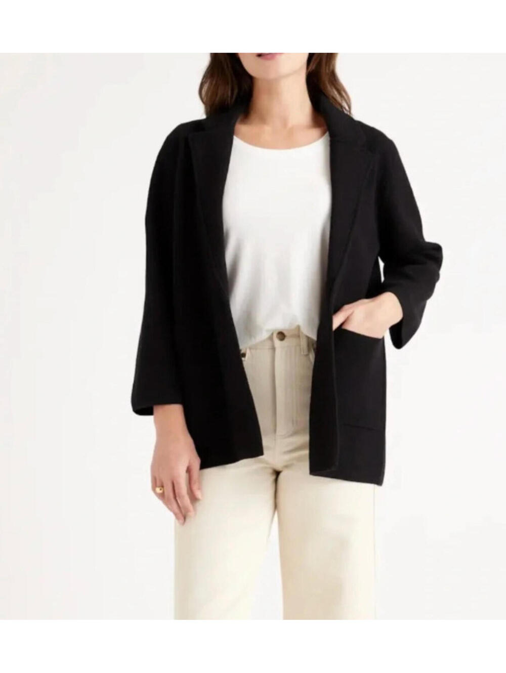 Quince sz XS orangic cotton‎ black open front blazer/jacket pockets collegiate C